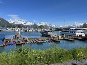 Boats an kayaks in marina near mountains